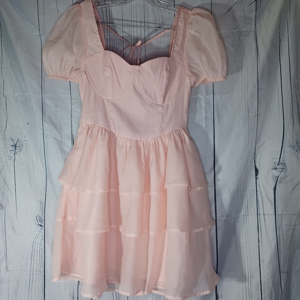SHEIN Mod Solid Layered Puff Sleeve Layered Ruffled Hem Light Pink Layered Dress